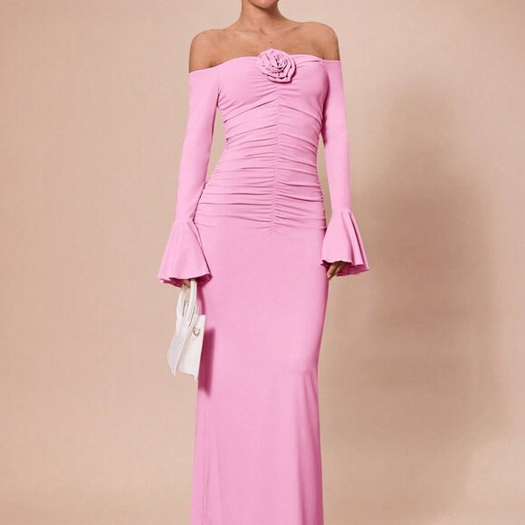 Baby Pink Elegant Women's Long Sleeve Off Shoulder 3d Flower Ruched Maxi dress - Picture 8 of 8